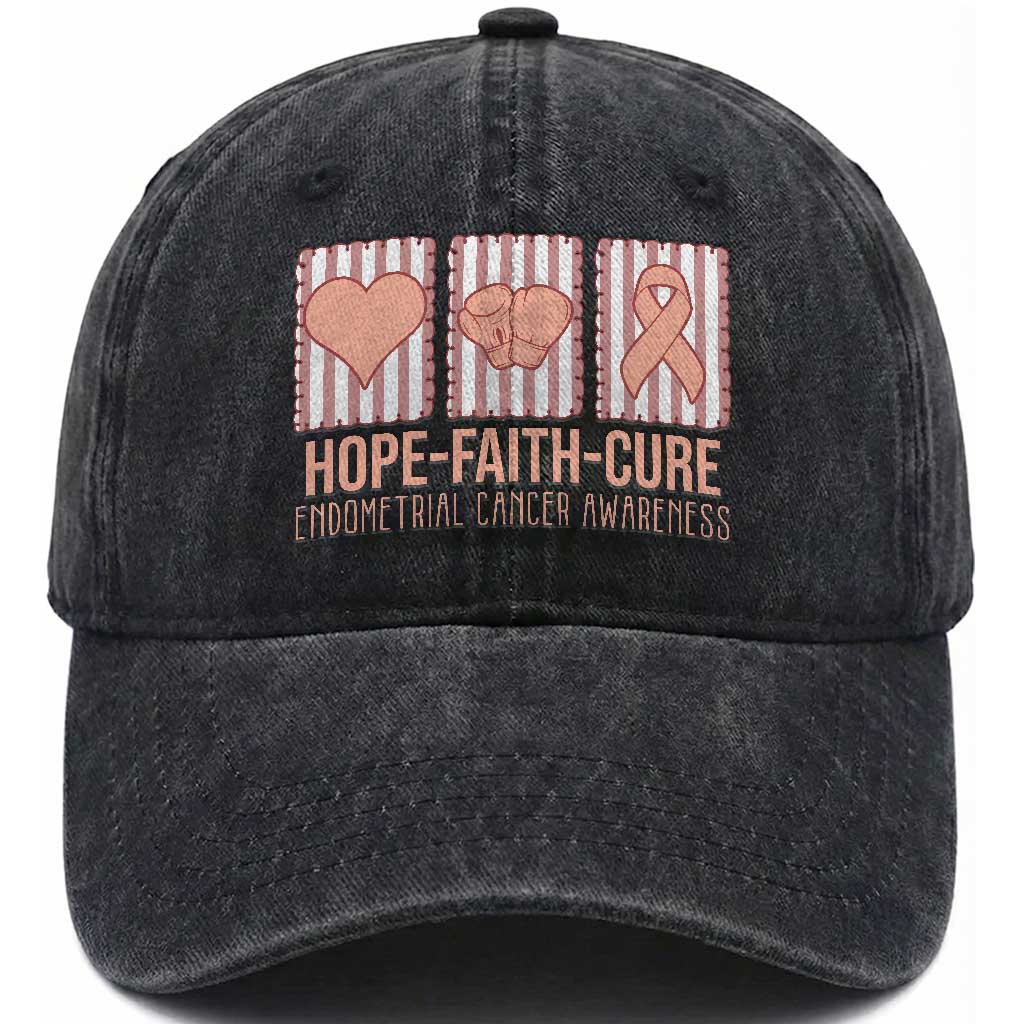Endometrial Cancer Awareness Washed Cotton Baseball Cap Hope Faith Cure Peach Ribbon