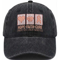 Endometrial Cancer Awareness Washed Cotton Baseball Cap Hope Faith Cure Peach Ribbon