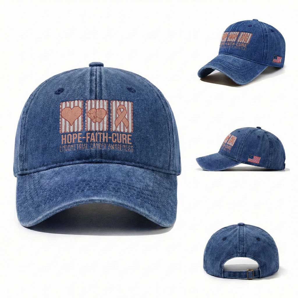 Endometrial Cancer Awareness Washed Cotton Baseball Cap Hope Faith Cure Peach Ribbon