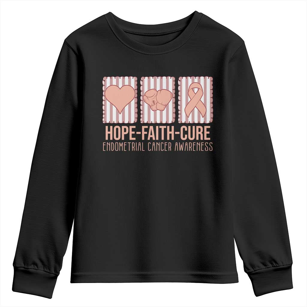 Endometrial Cancer Awareness Youth Sweatshirt Hope Faith Cure Peach Ribbon