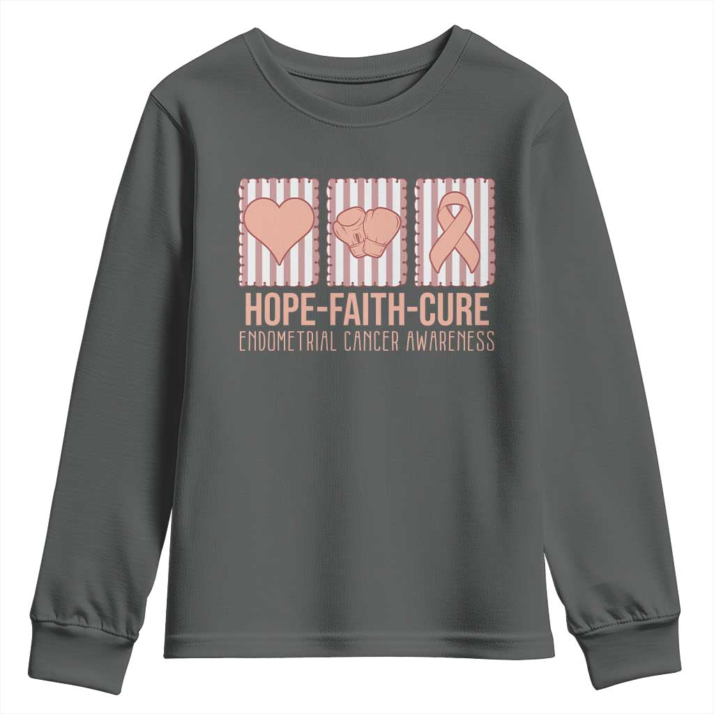 Endometrial Cancer Awareness Youth Sweatshirt Hope Faith Cure Peach Ribbon