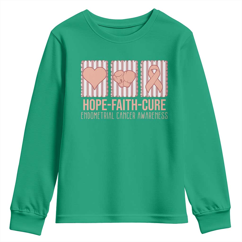 Endometrial Cancer Awareness Youth Sweatshirt Hope Faith Cure Peach Ribbon