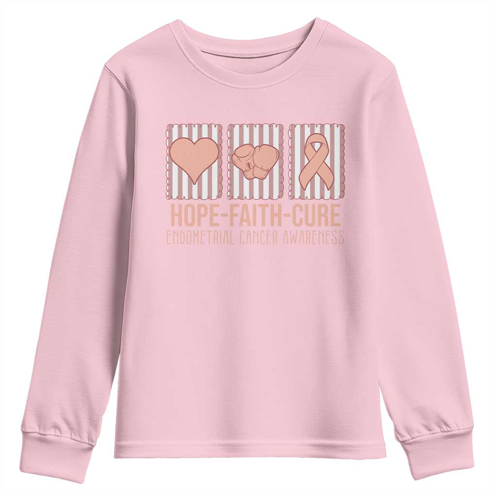 Endometrial Cancer Awareness Youth Sweatshirt Hope Faith Cure Peach Ribbon