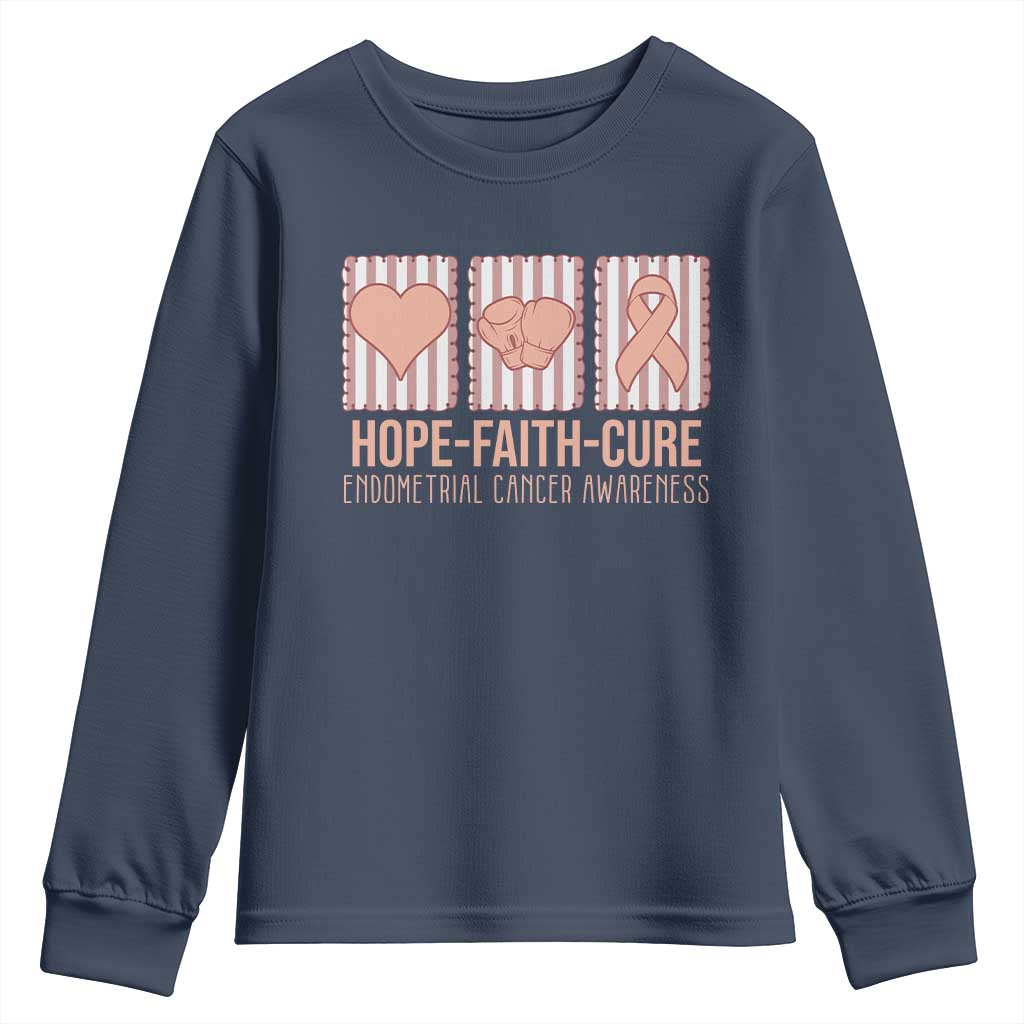 Endometrial Cancer Awareness Youth Sweatshirt Hope Faith Cure Peach Ribbon