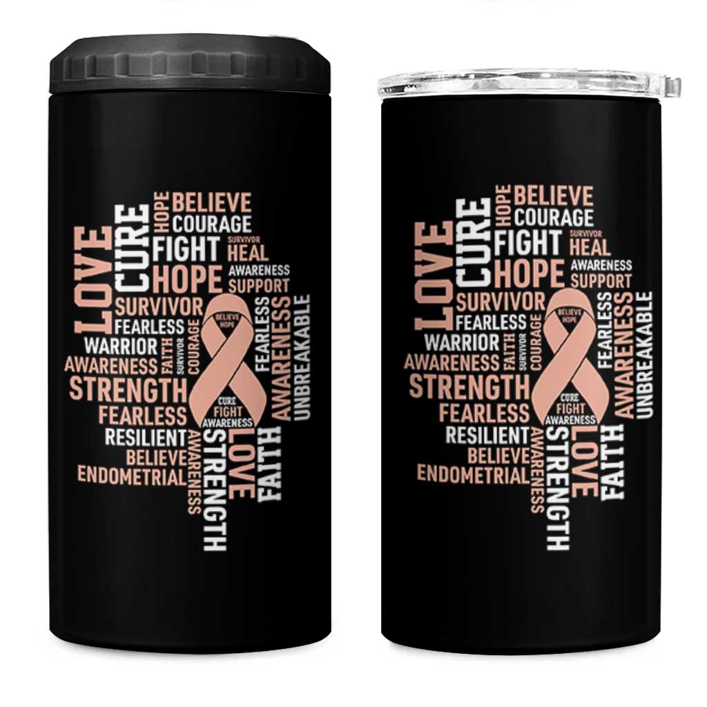 Endometrial Cancer Awareness 4 in 1 Can Cooler Tumbler Warrior Survivor Peach Ribbon