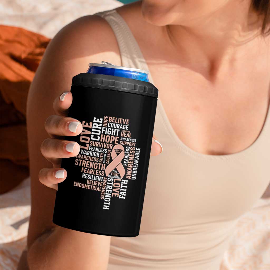 Endometrial Cancer Awareness 4 in 1 Can Cooler Tumbler Warrior Survivor Peach Ribbon