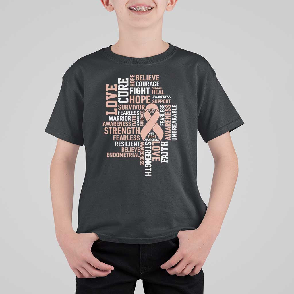 Endometrial Cancer Awareness T Shirt For Kid Warrior Survivor Peach Ribbon