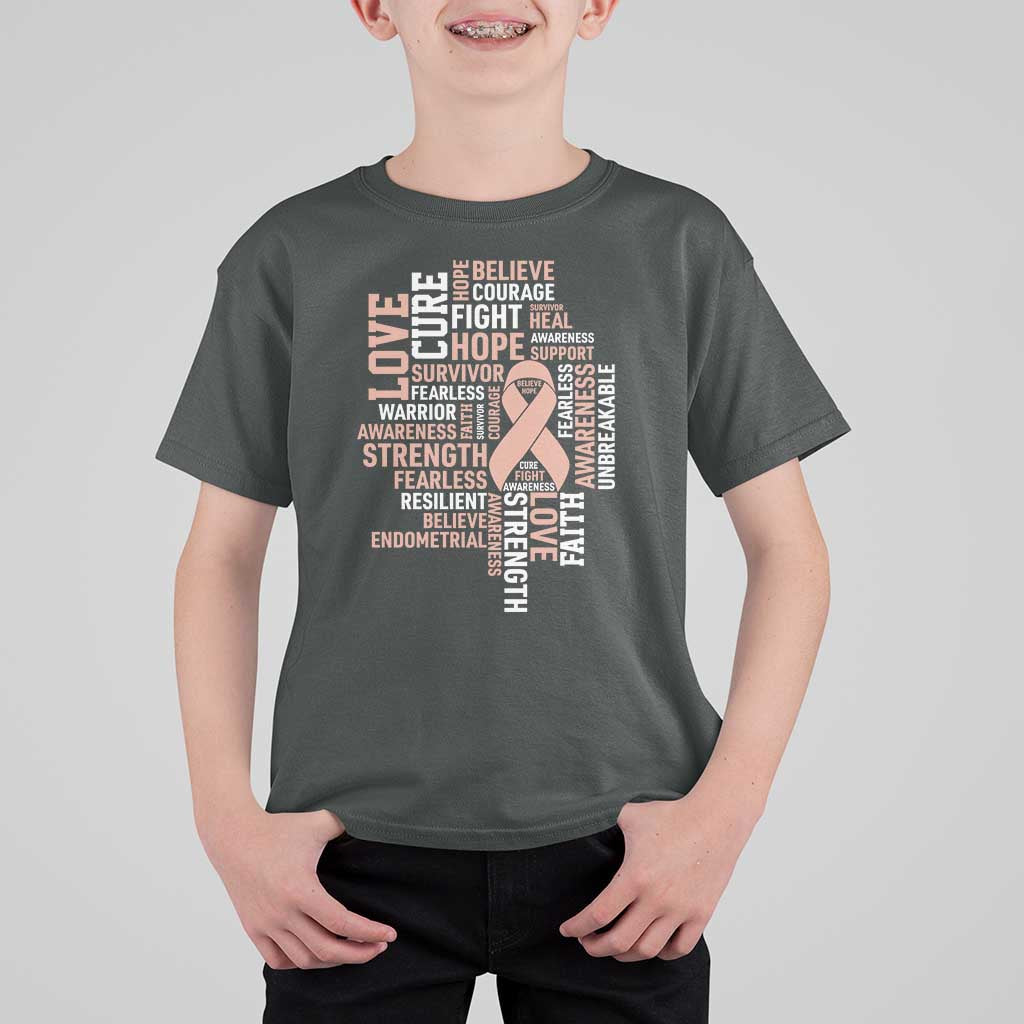 Endometrial Cancer Awareness T Shirt For Kid Warrior Survivor Peach Ribbon