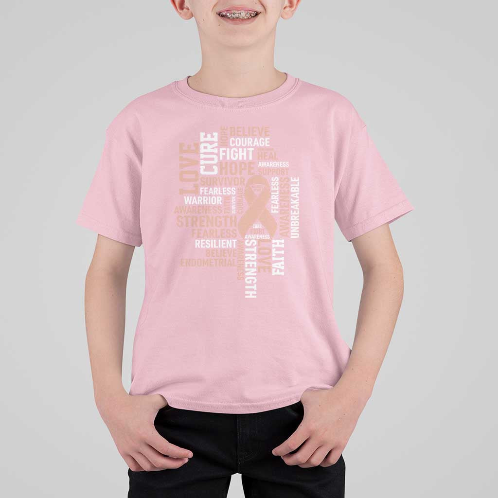 Endometrial Cancer Awareness T Shirt For Kid Warrior Survivor Peach Ribbon