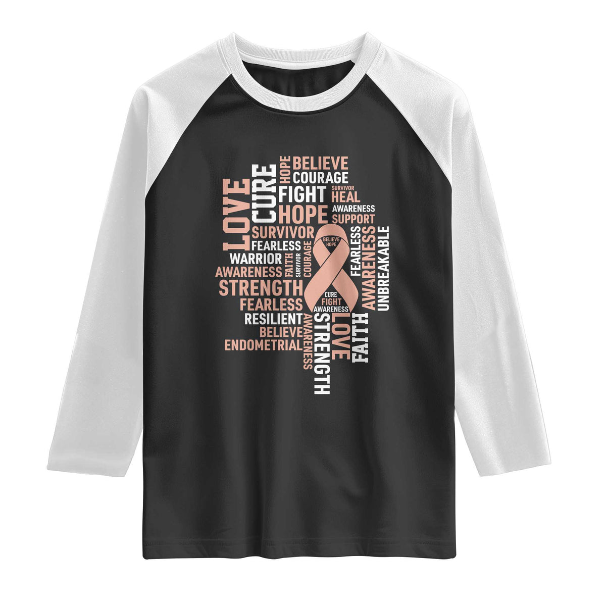 Endometrial Cancer Awareness Raglan Shirt Warrior Survivor Peach Ribbon
