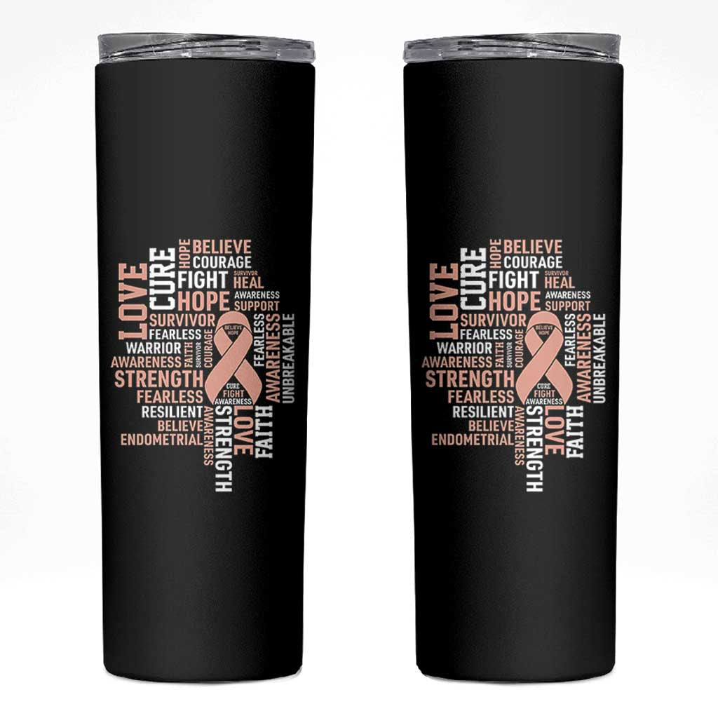 Endometrial Cancer Awareness Skinny Tumbler Warrior Survivor Peach Ribbon