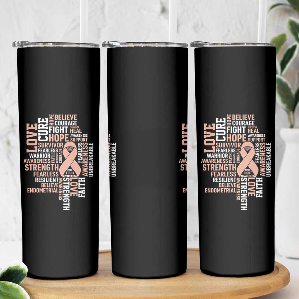 Endometrial Cancer Awareness Skinny Tumbler Warrior Survivor Peach Ribbon