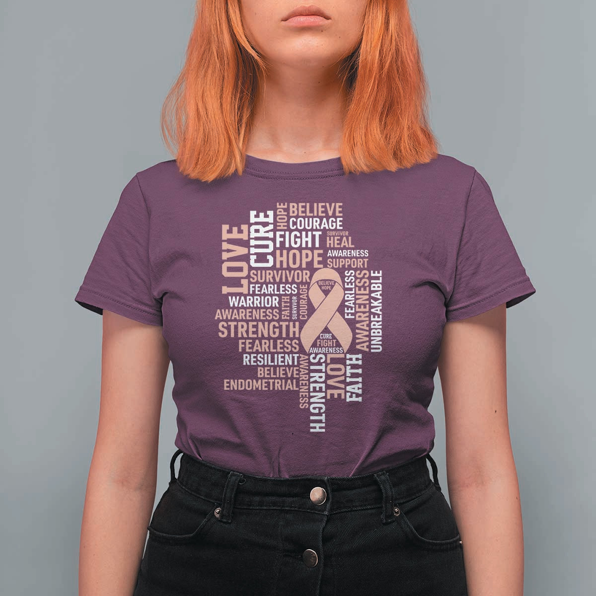 Endometrial Cancer Awareness T Shirt For Women Warrior Survivor Peach Ribbon