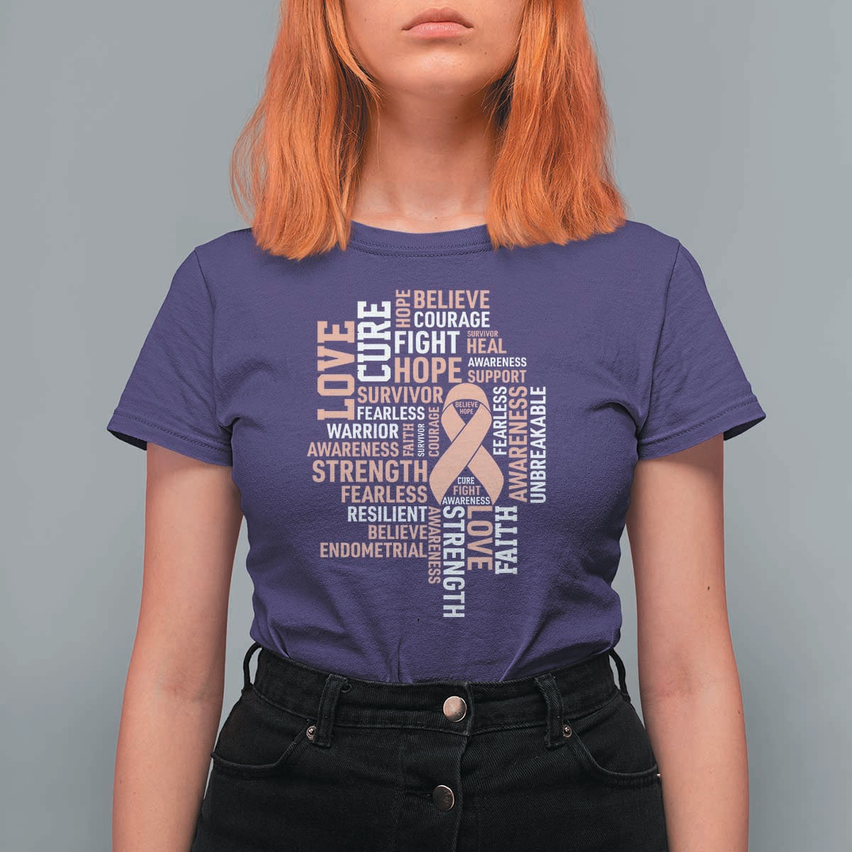 Endometrial Cancer Awareness T Shirt For Women Warrior Survivor Peach Ribbon