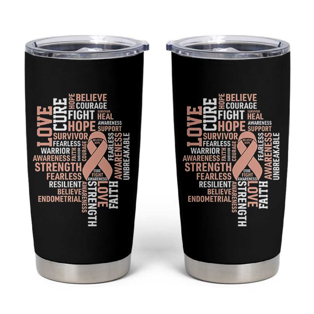 Endometrial Cancer Awareness Tumbler Cup Warrior Survivor Peach Ribbon