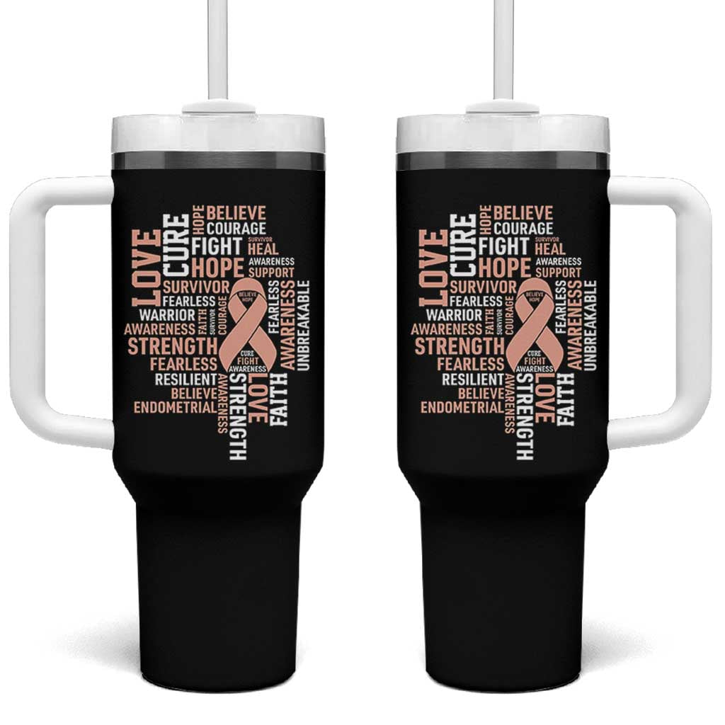 Endometrial Cancer Awareness Tumbler With Handle Warrior Survivor Peach Ribbon