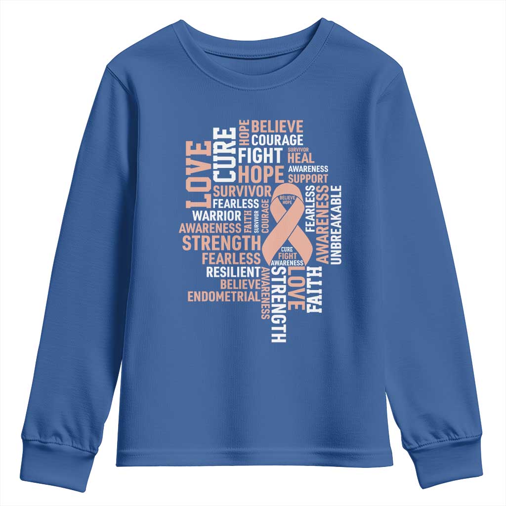 Endometrial Cancer Awareness Youth Sweatshirt Warrior Survivor Peach Ribbon