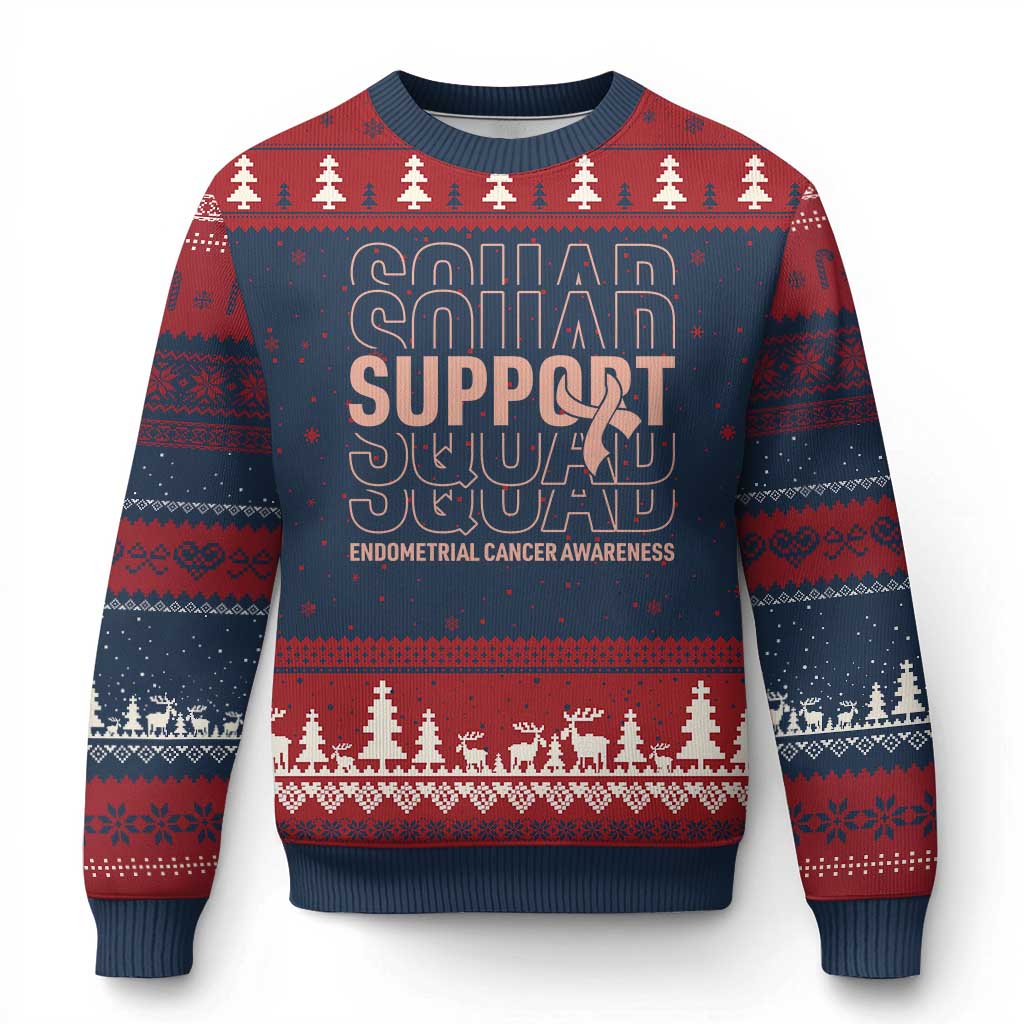 Endometrial Cancer Awareness Ugly Christmas Sweater Support Squad Ribbon Warrior