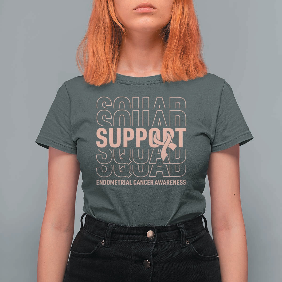 Endometrial Cancer Awareness T Shirt For Women Support Squad Ribbon Warrior