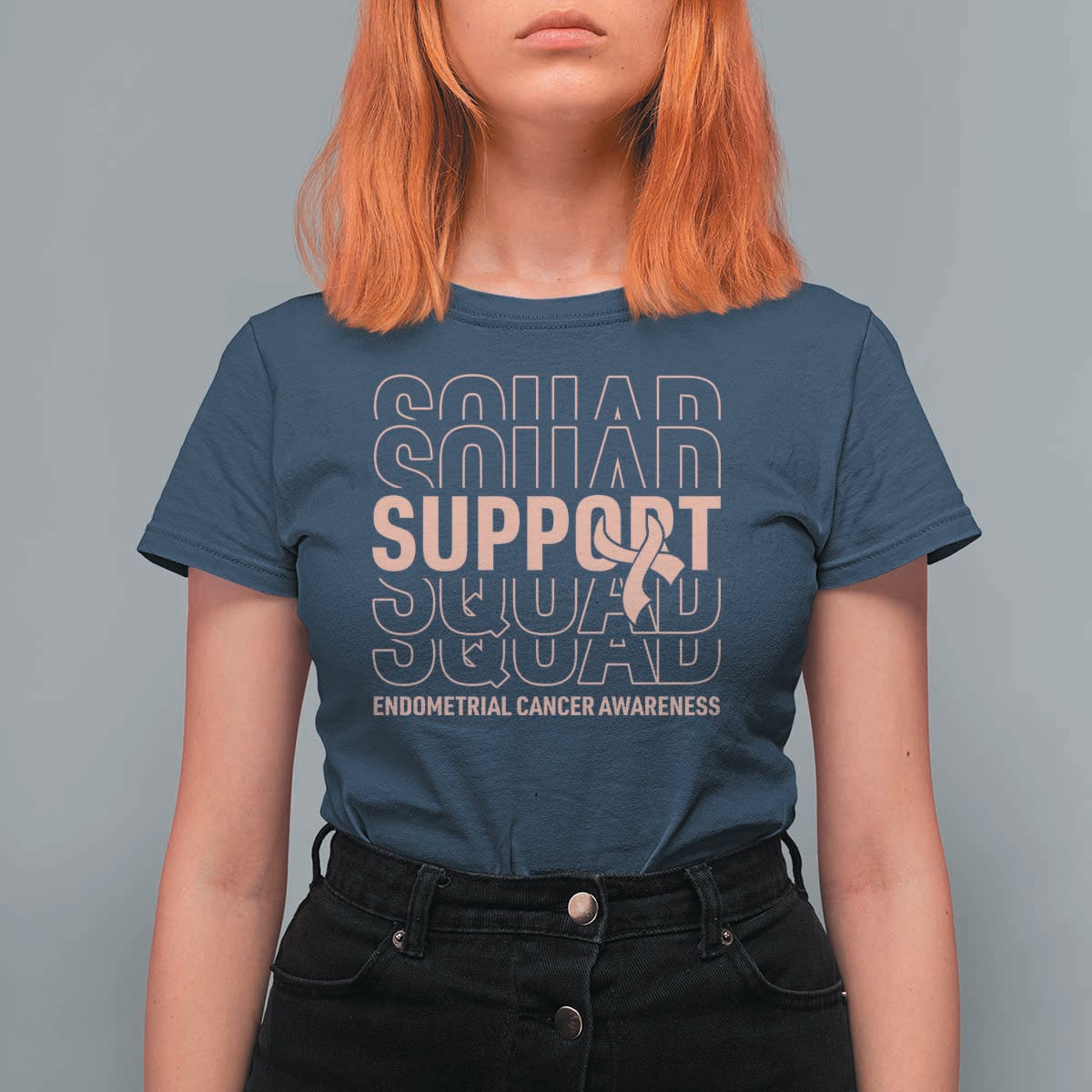 Endometrial Cancer Awareness T Shirt For Women Support Squad Ribbon Warrior