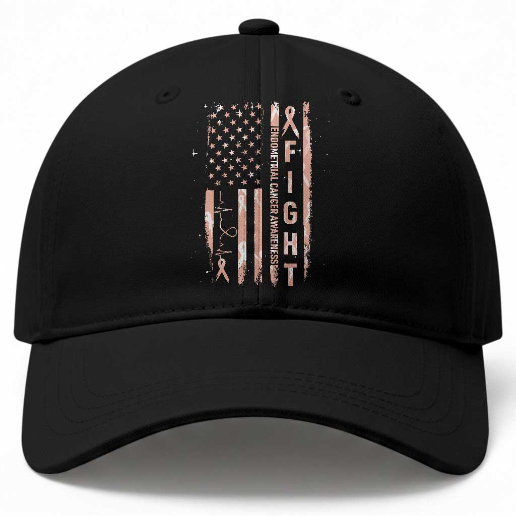 American Flag Endometrial Cancer Baseball Cap Fight Together Peach Ribbon Support Squad