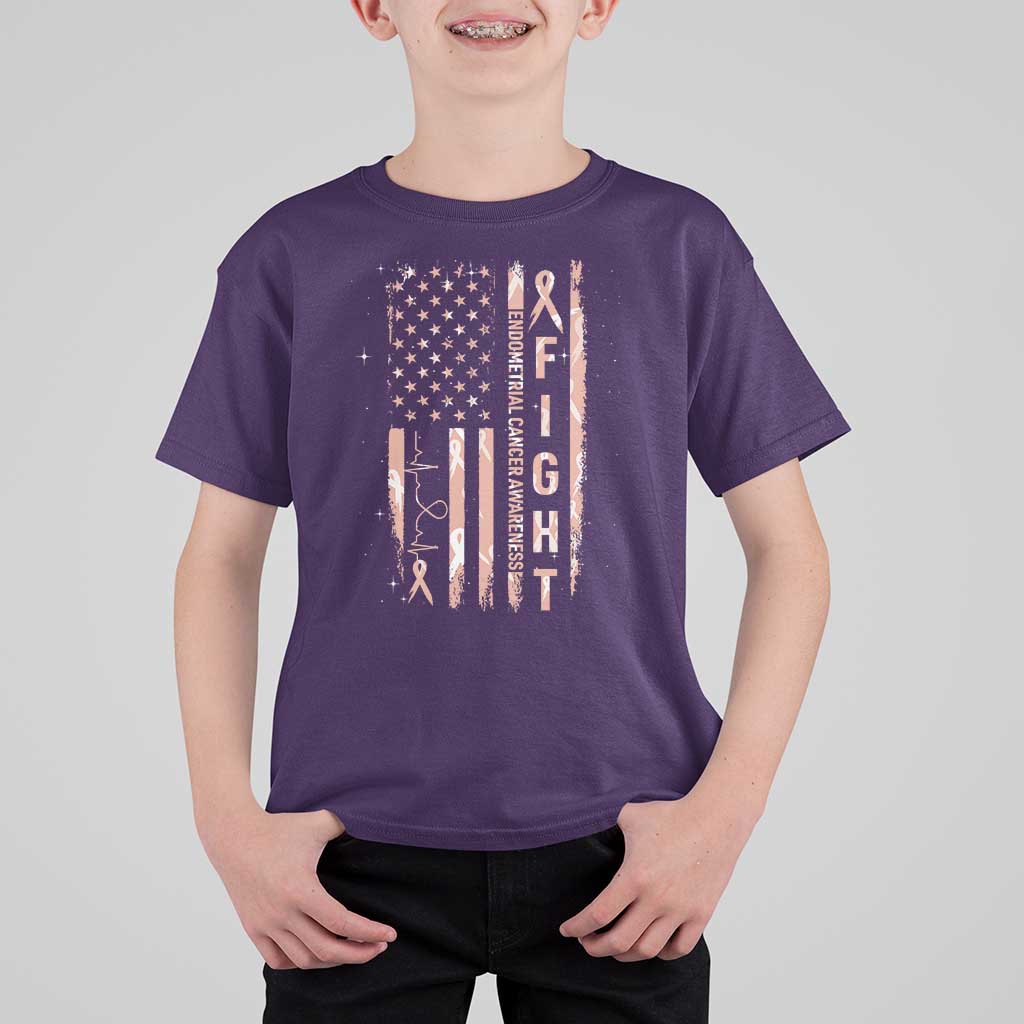 American Flag Endometrial Cancer T Shirt For Kid Fight Together Peach Ribbon Support Squad