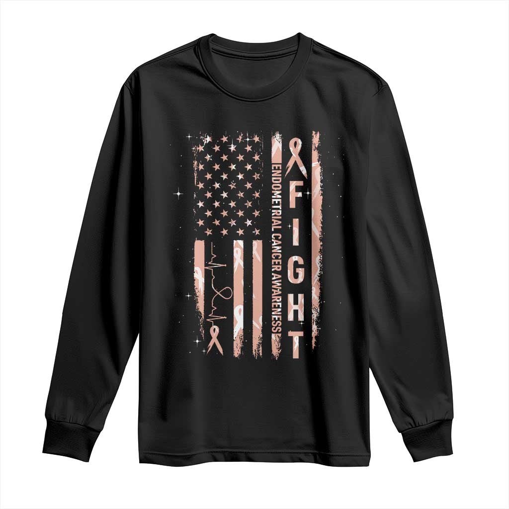 American Flag Endometrial Cancer Long Sleeve Shirt Fight Together Peach Ribbon Support Squad