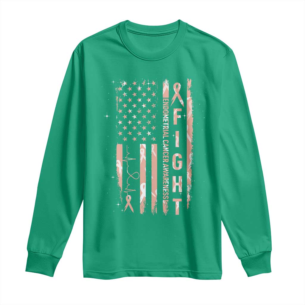 American Flag Endometrial Cancer Long Sleeve Shirt Fight Together Peach Ribbon Support Squad