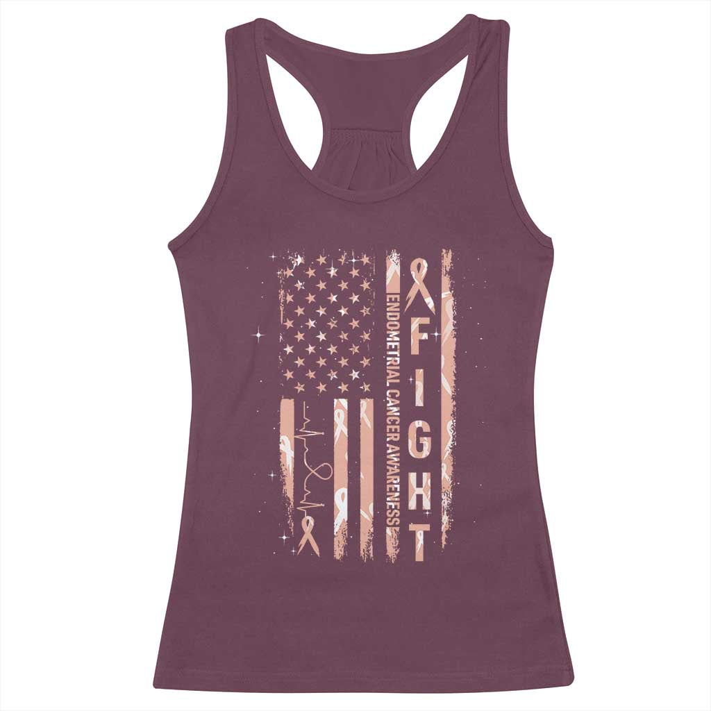 American Flag Endometrial Cancer Racerback Tank Top Fight Together Peach Ribbon Support Squad