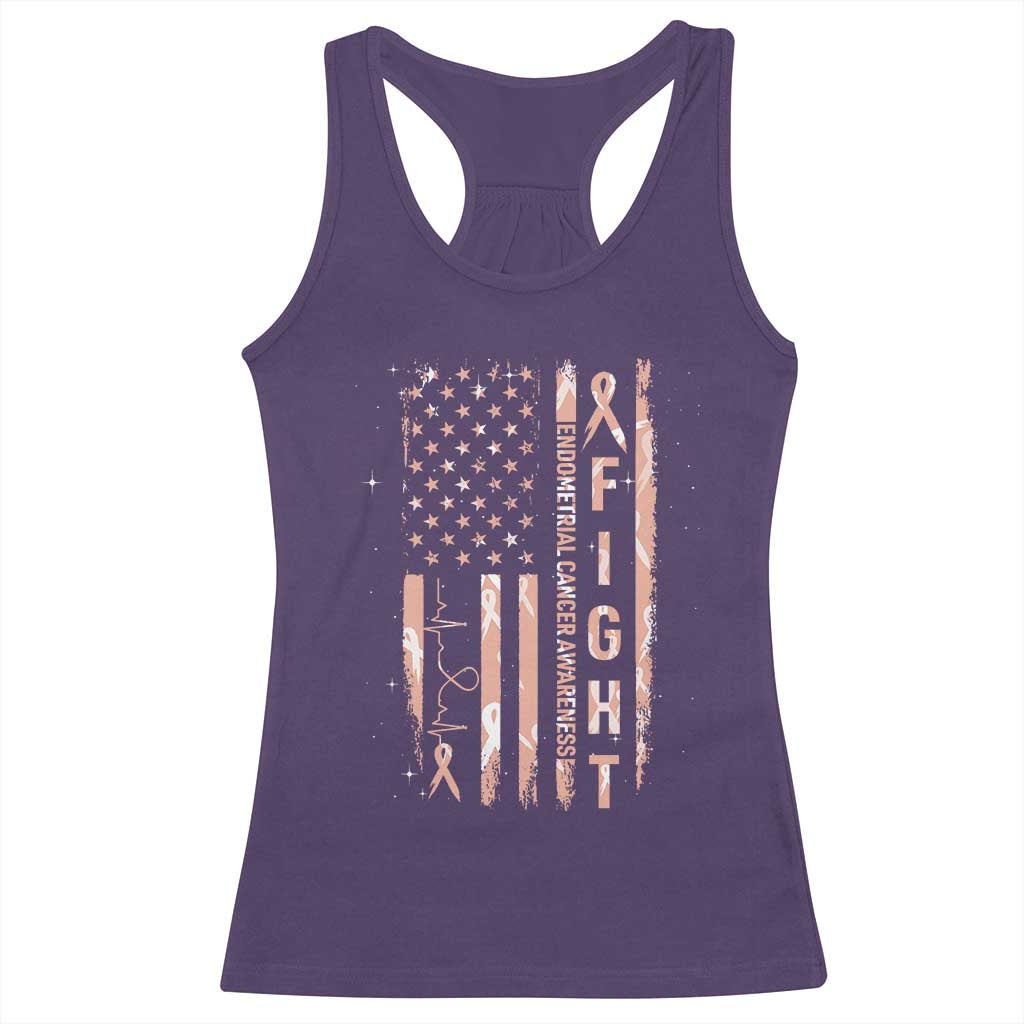 American Flag Endometrial Cancer Racerback Tank Top Fight Together Peach Ribbon Support Squad