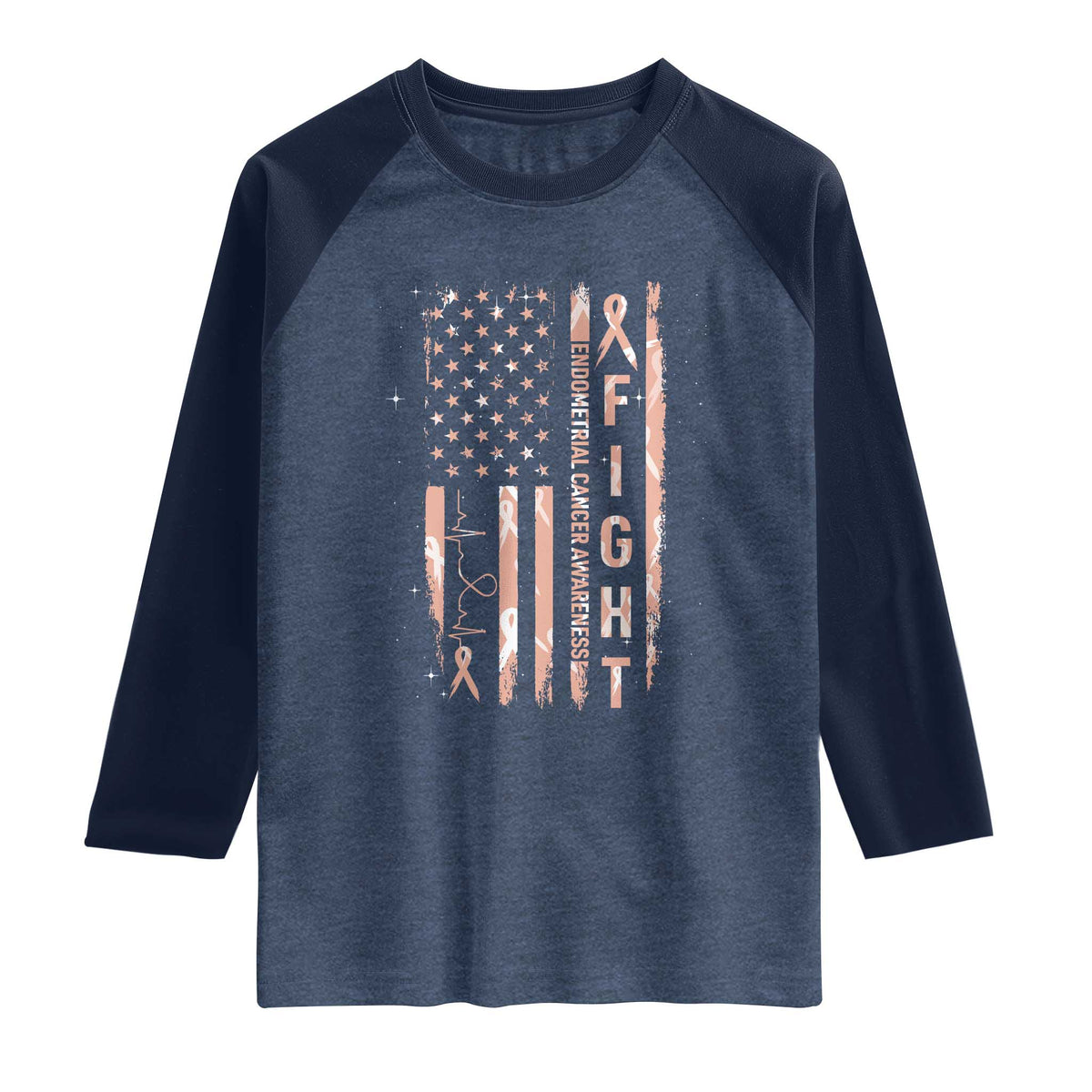 American Flag Endometrial Cancer Raglan Shirt Fight Together Peach Ribbon Support Squad