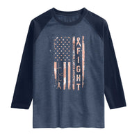 American Flag Endometrial Cancer Raglan Shirt Fight Together Peach Ribbon Support Squad