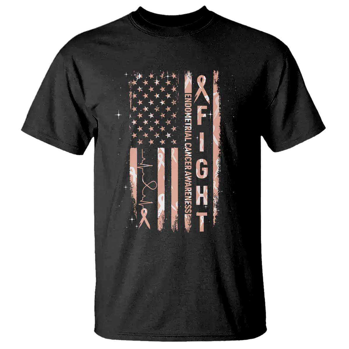 American Flag Endometrial Cancer T Shirt Fight Together Peach Ribbon Support Squad