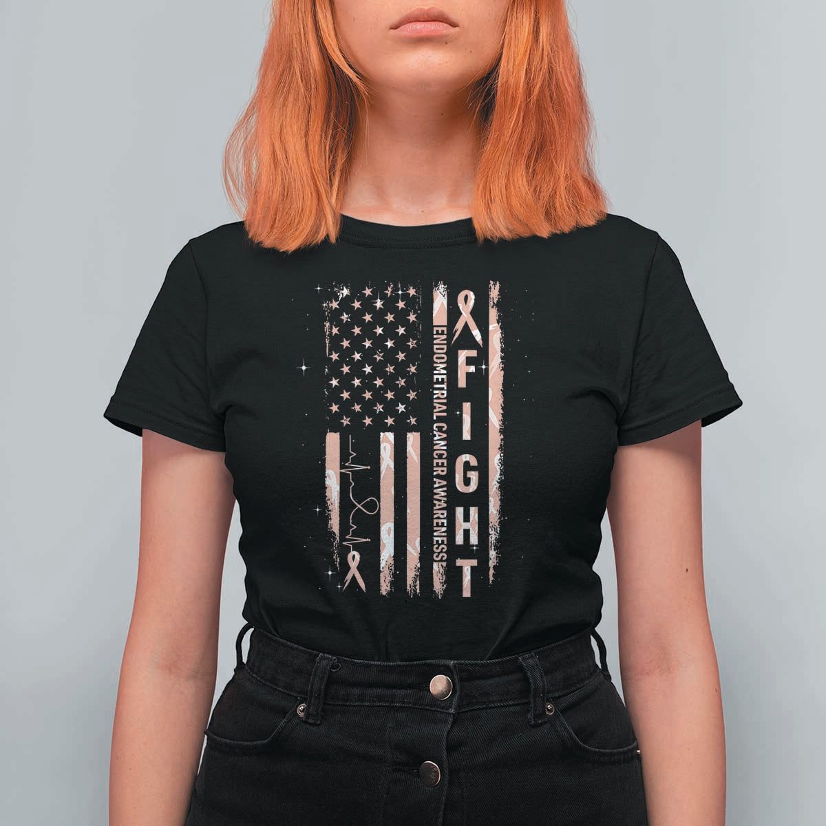 American Flag Endometrial Cancer T Shirt For Women Fight Together Peach Ribbon Support Squad