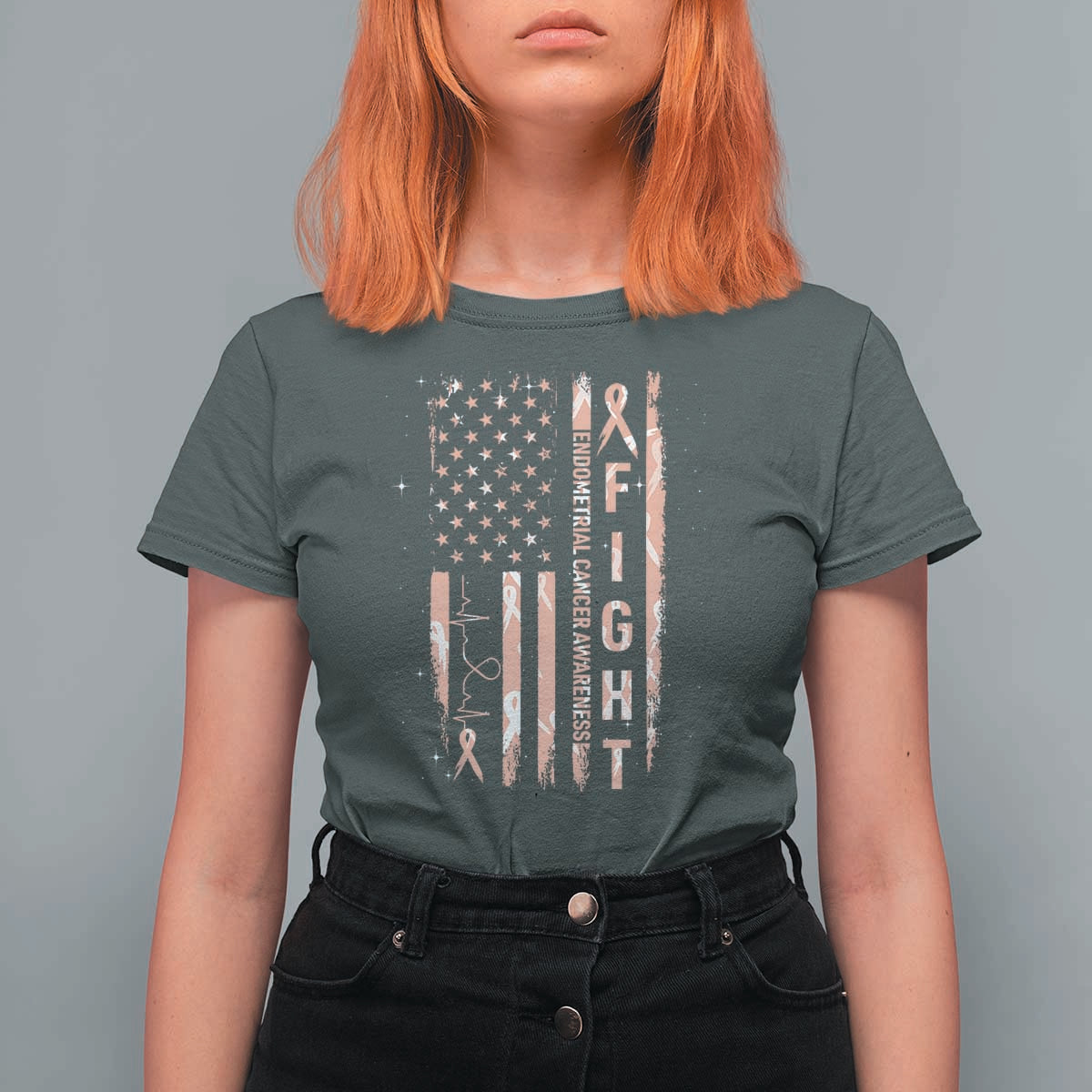 American Flag Endometrial Cancer T Shirt For Women Fight Together Peach Ribbon Support Squad