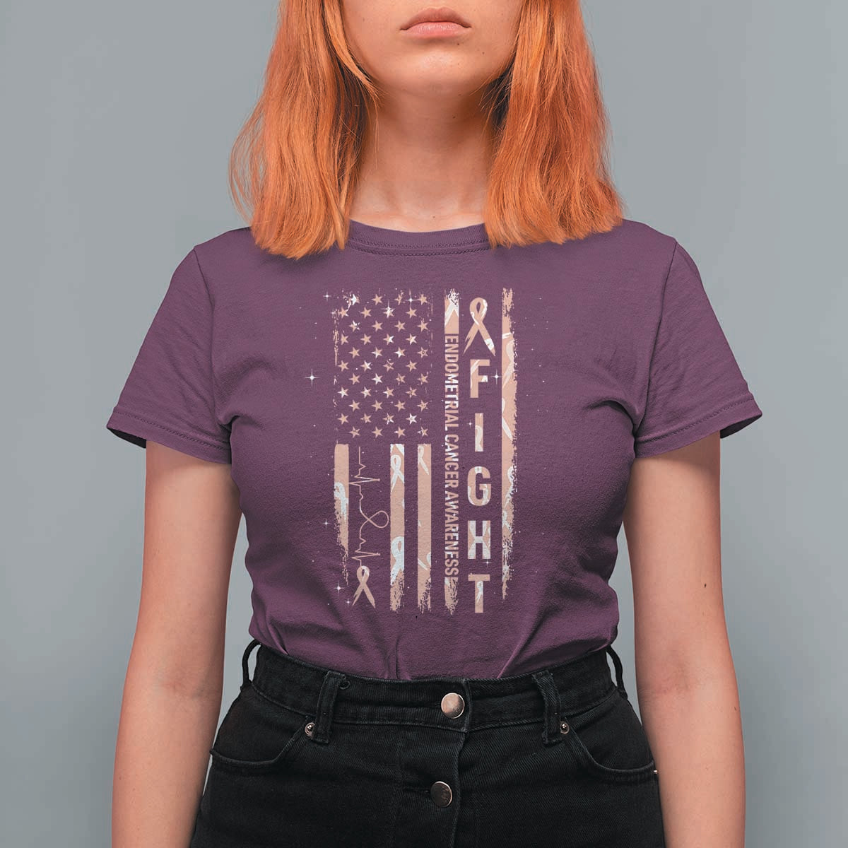 American Flag Endometrial Cancer T Shirt For Women Fight Together Peach Ribbon Support Squad