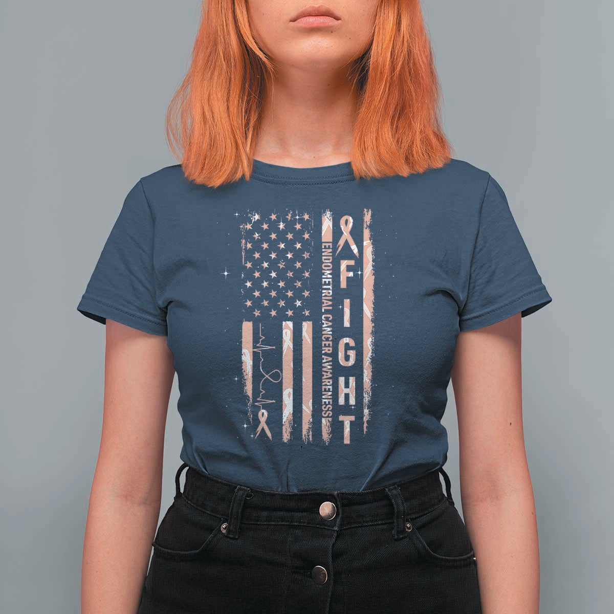 American Flag Endometrial Cancer T Shirt For Women Fight Together Peach Ribbon Support Squad
