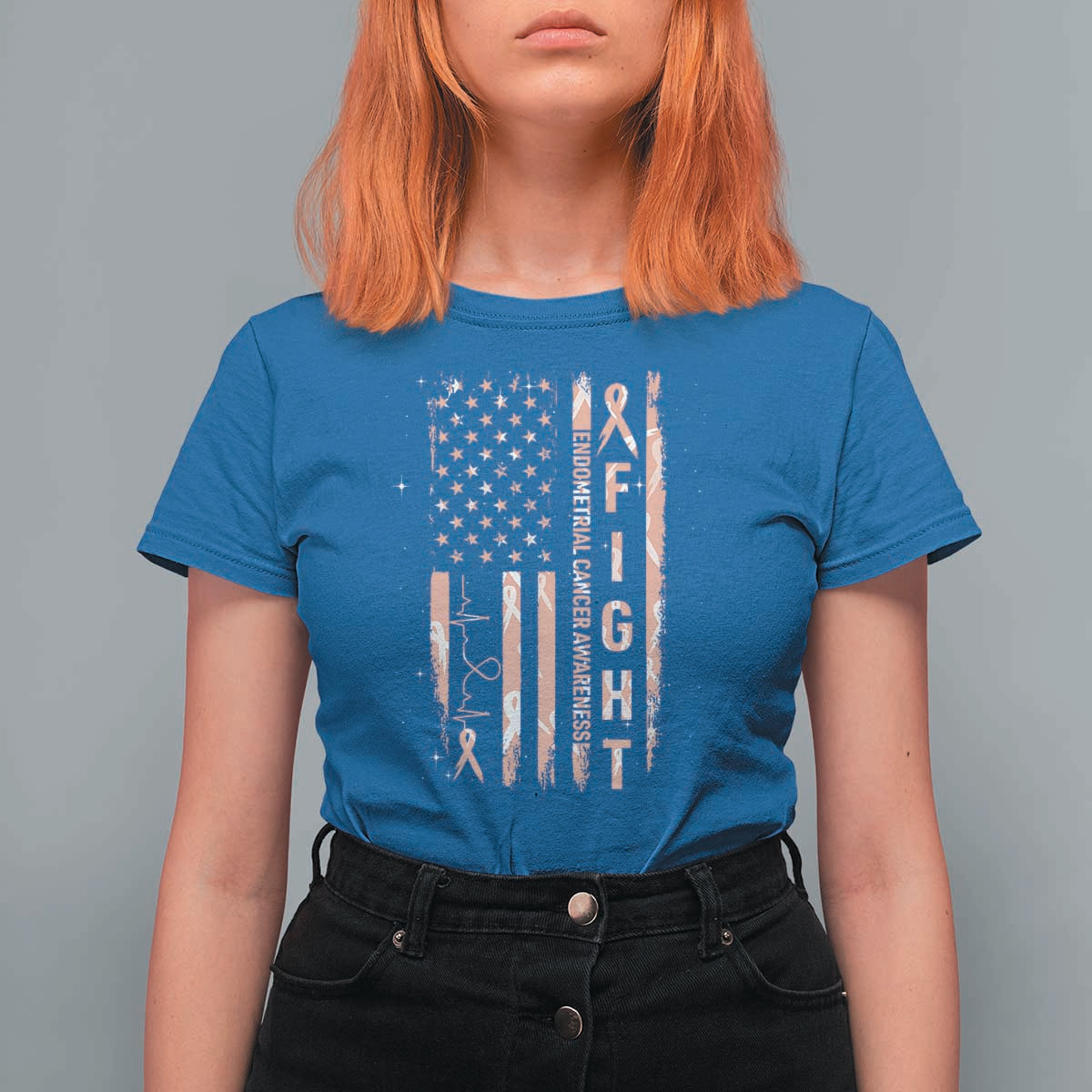 American Flag Endometrial Cancer T Shirt For Women Fight Together Peach Ribbon Support Squad