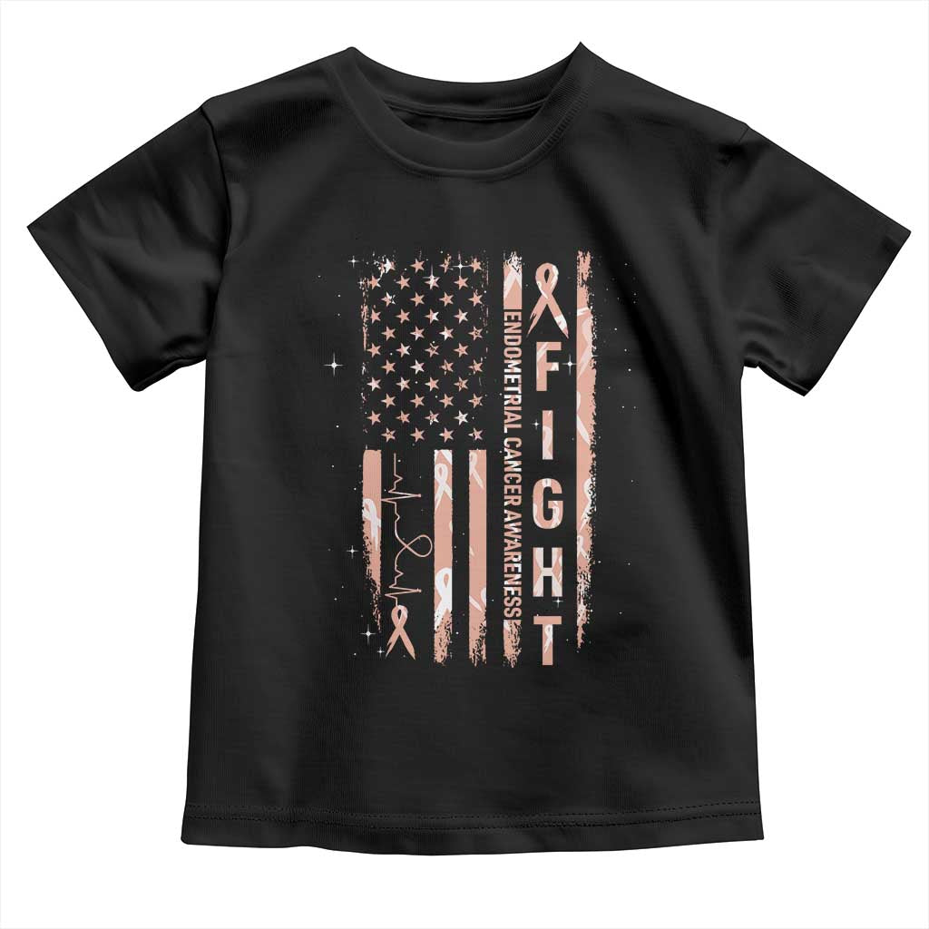 American Flag Endometrial Cancer Toddler T Shirt Fight Together Peach Ribbon Support Squad