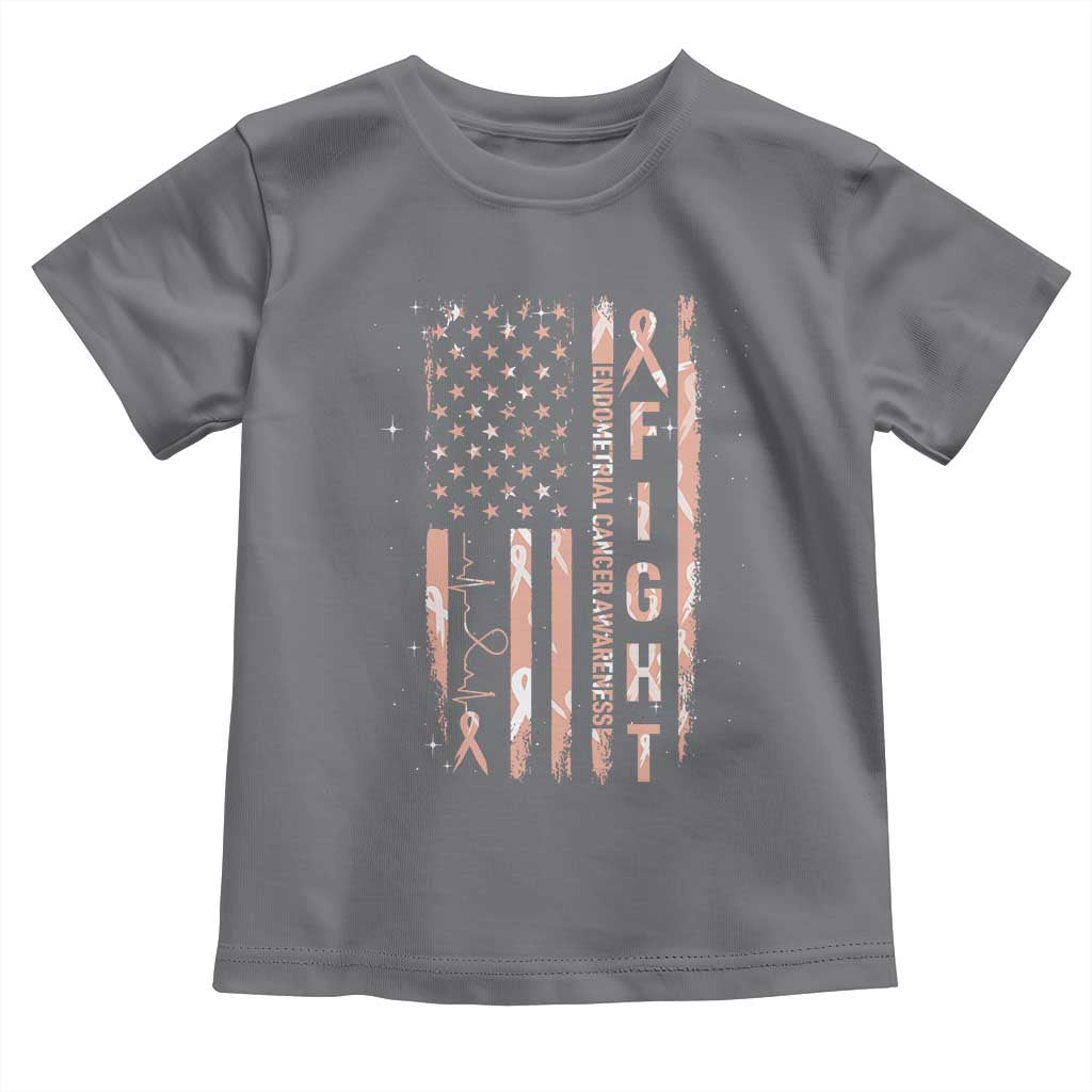 American Flag Endometrial Cancer Toddler T Shirt Fight Together Peach Ribbon Support Squad