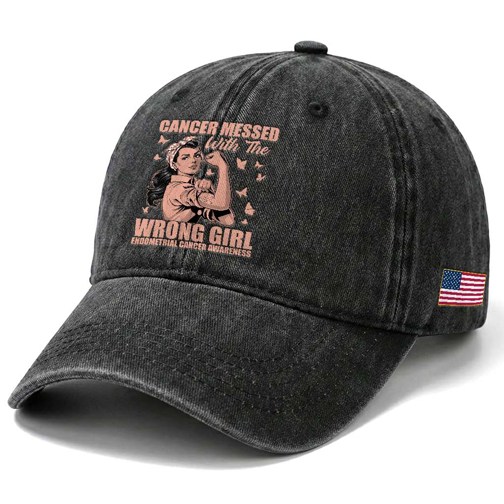 Strong Girl Endometrial Cancer Washed Cotton Baseball Cap Cancer Messed With The Wrong Girl