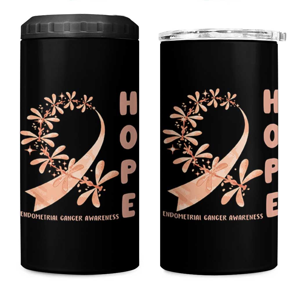 Peach Dragonfly Endometrial Cancer 4 in 1 Can Cooler Tumbler Hope And Strength