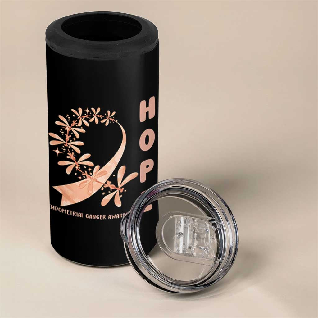 Peach Dragonfly Endometrial Cancer 4 in 1 Can Cooler Tumbler Hope And Strength