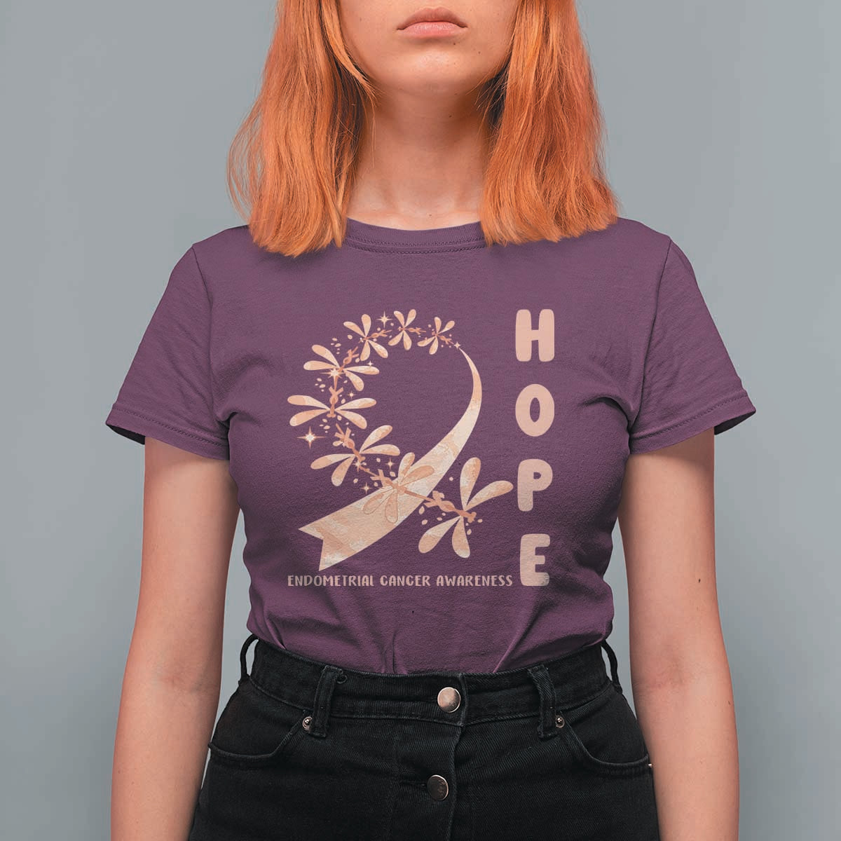 Peach Dragonfly Endometrial Cancer T Shirt For Women Hope And Strength