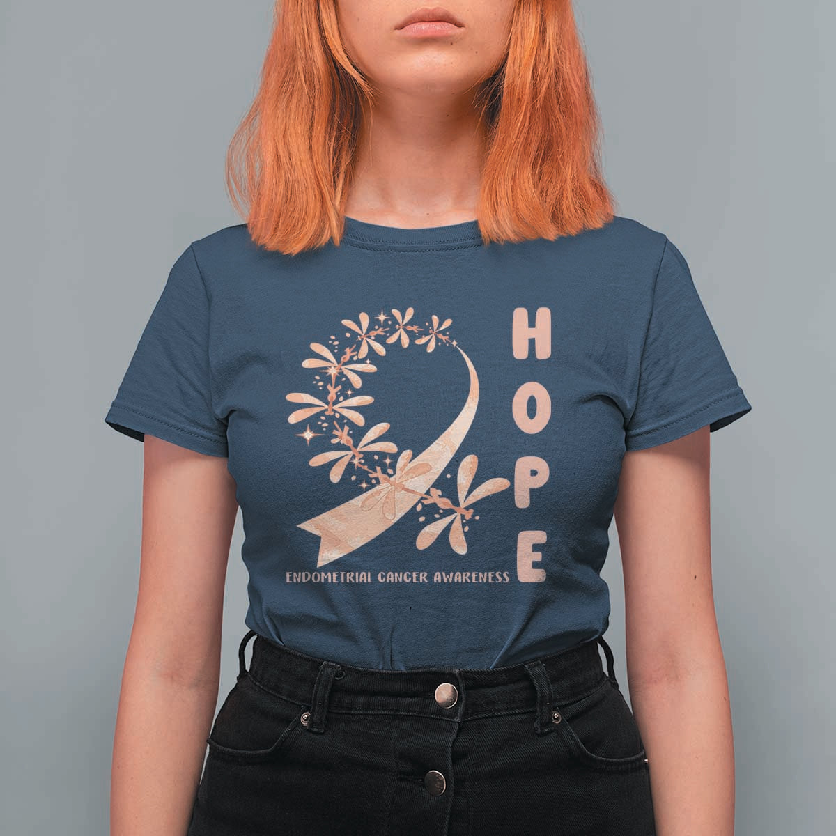 Peach Dragonfly Endometrial Cancer T Shirt For Women Hope And Strength