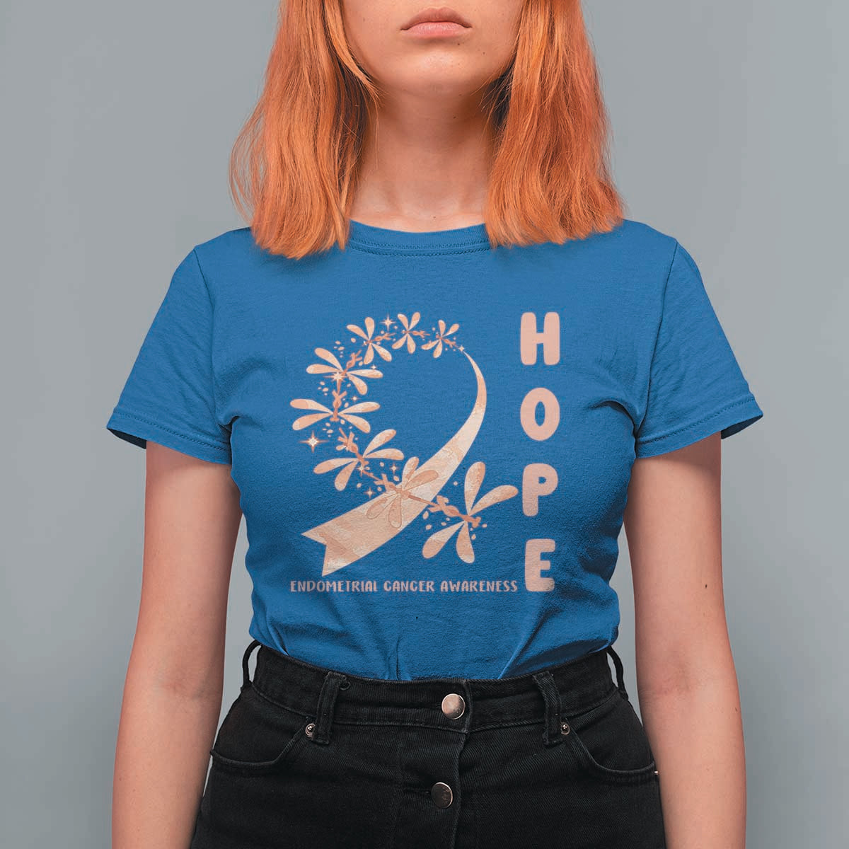 Peach Dragonfly Endometrial Cancer T Shirt For Women Hope And Strength