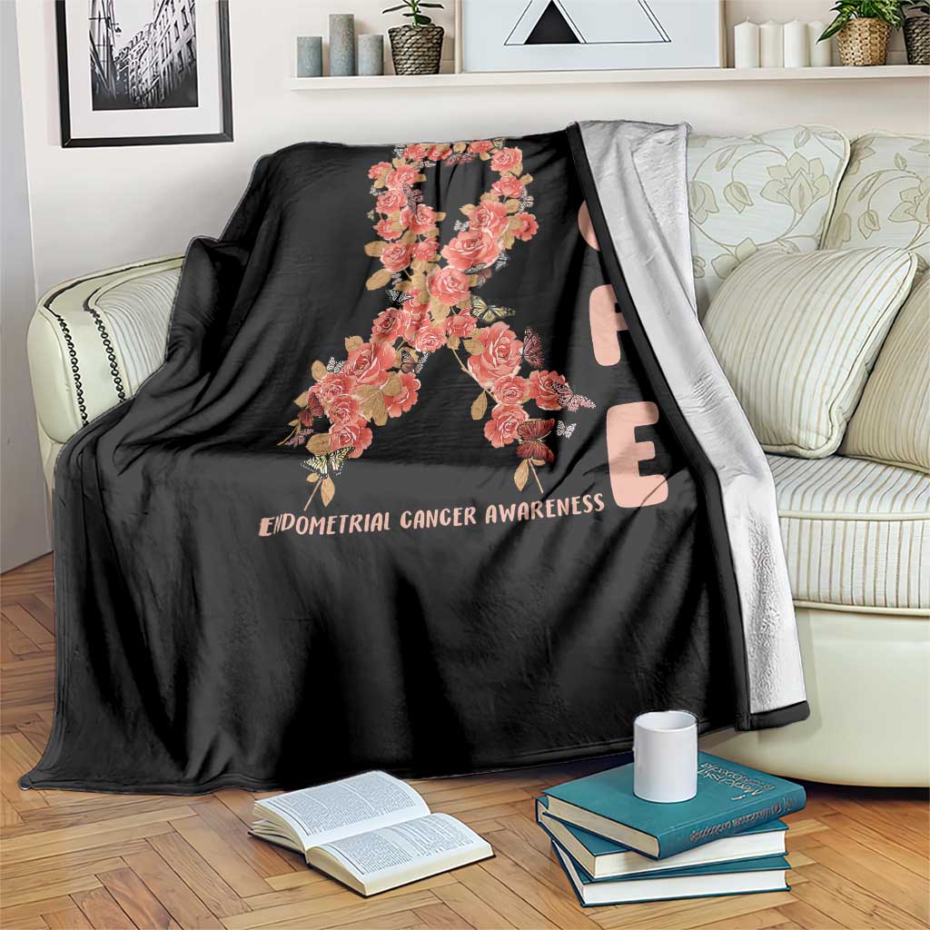 Endometrial Cancer Floral Ribbon Throw Blanket Hope Peach Ribbon Warrior