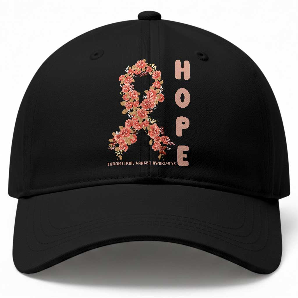 Endometrial Cancer Floral Ribbon Baseball Cap Hope Peach Ribbon Warrior