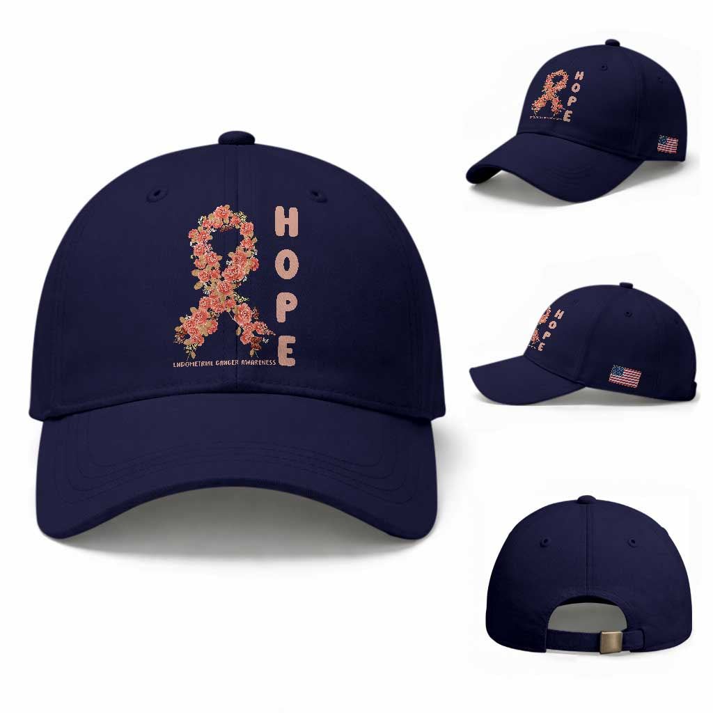 Endometrial Cancer Floral Ribbon Baseball Cap Hope Peach Ribbon Warrior