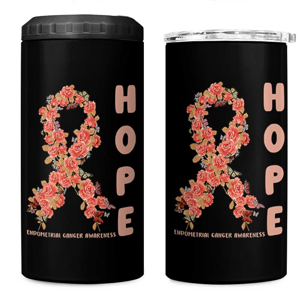 Endometrial Cancer Floral Ribbon 4 in 1 Can Cooler Tumbler Hope Peach Ribbon Warrior